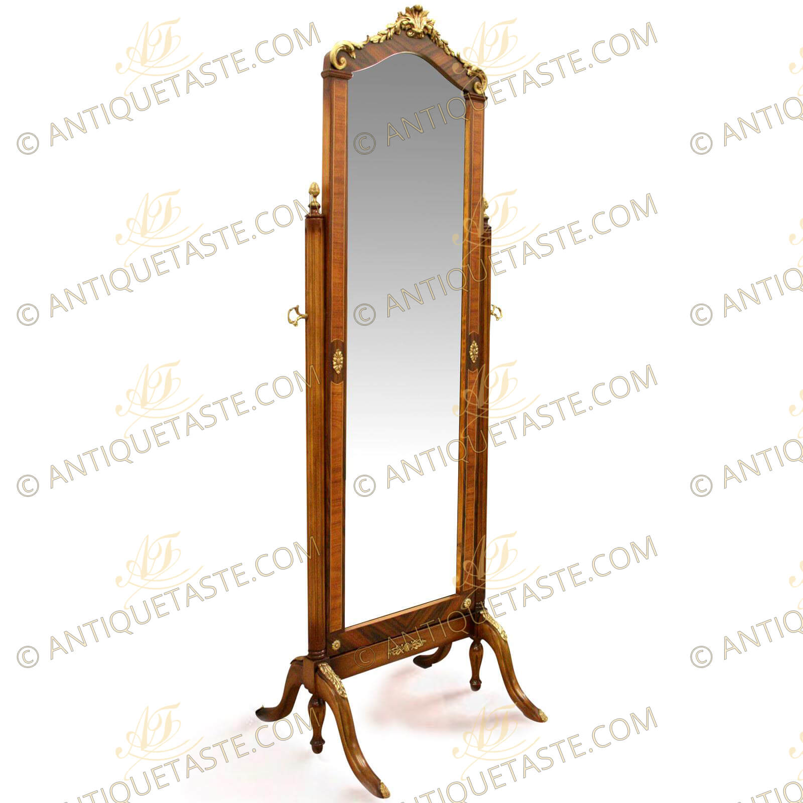 Transitional Louis XVI and Rococo style ormolu-mounted veneer inlaid cheval mirror